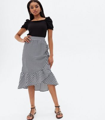 Petite Black Gingham Ruffle Midi Wrap Skirt New Look