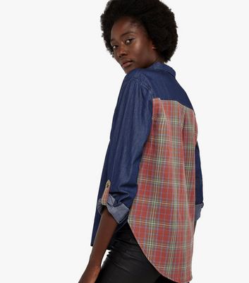 Image of Apricot Navy Denim Check Back Shirt New Look