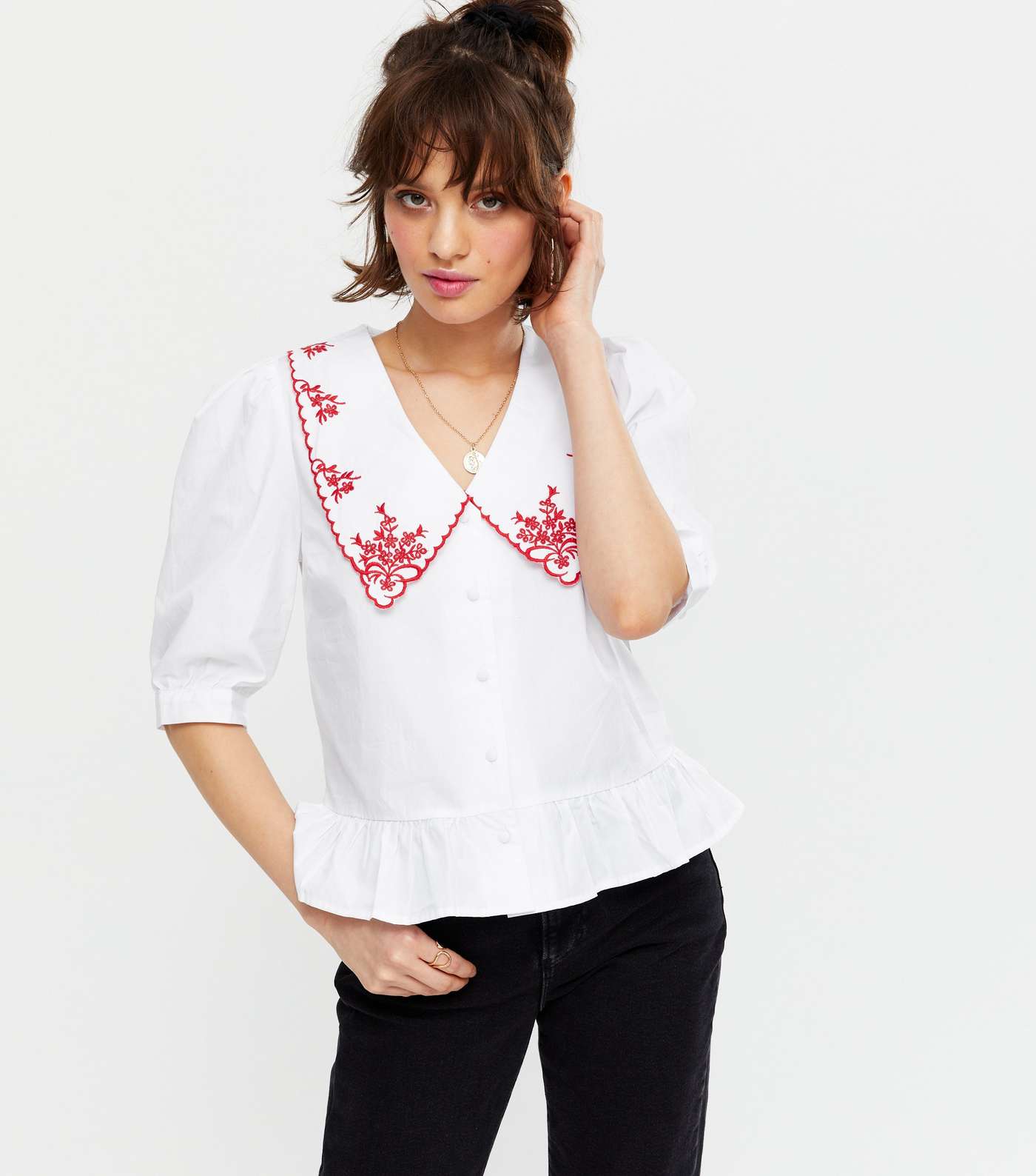 Off White Embroidered Collar Button Peplum Blouse