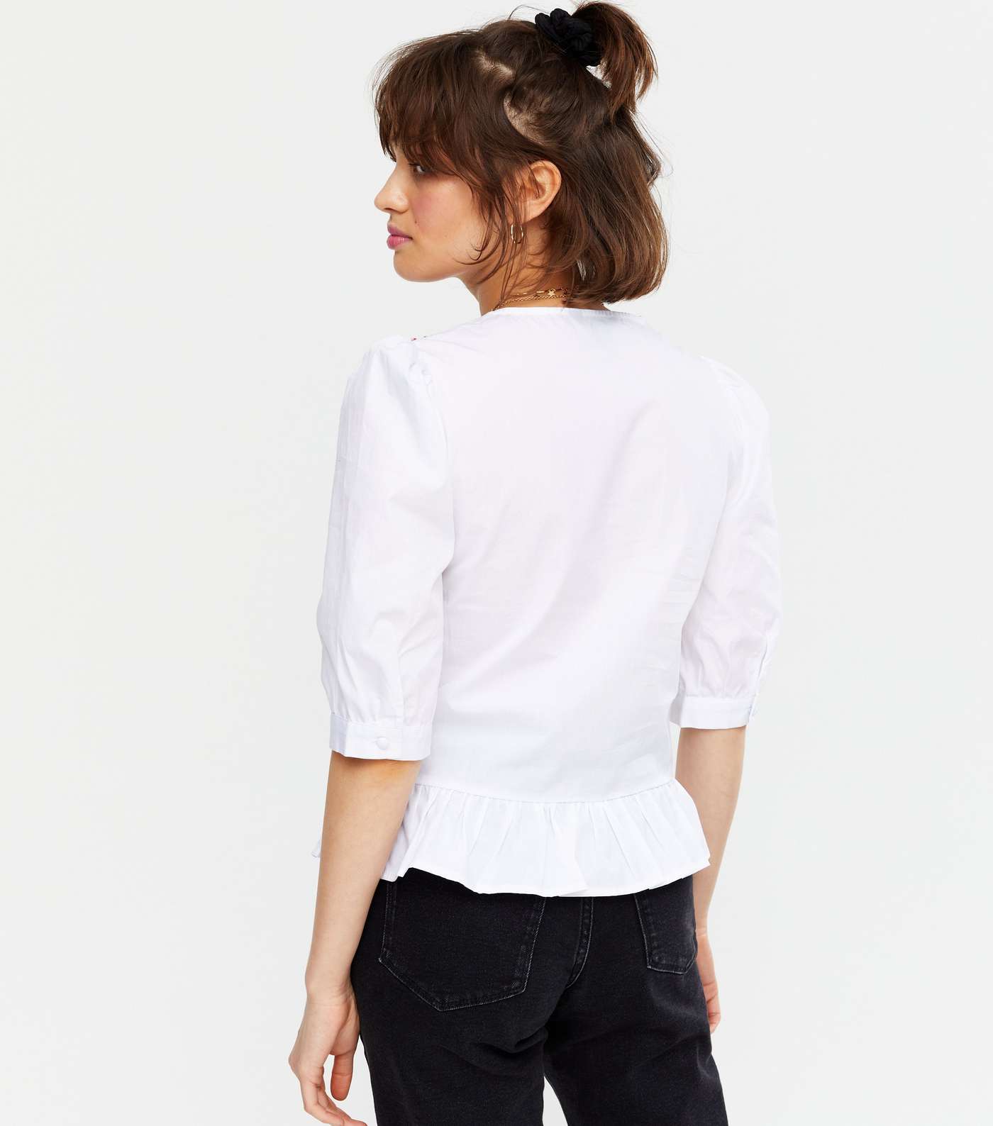 Off White Embroidered Collar Button Peplum Blouse Image 3
