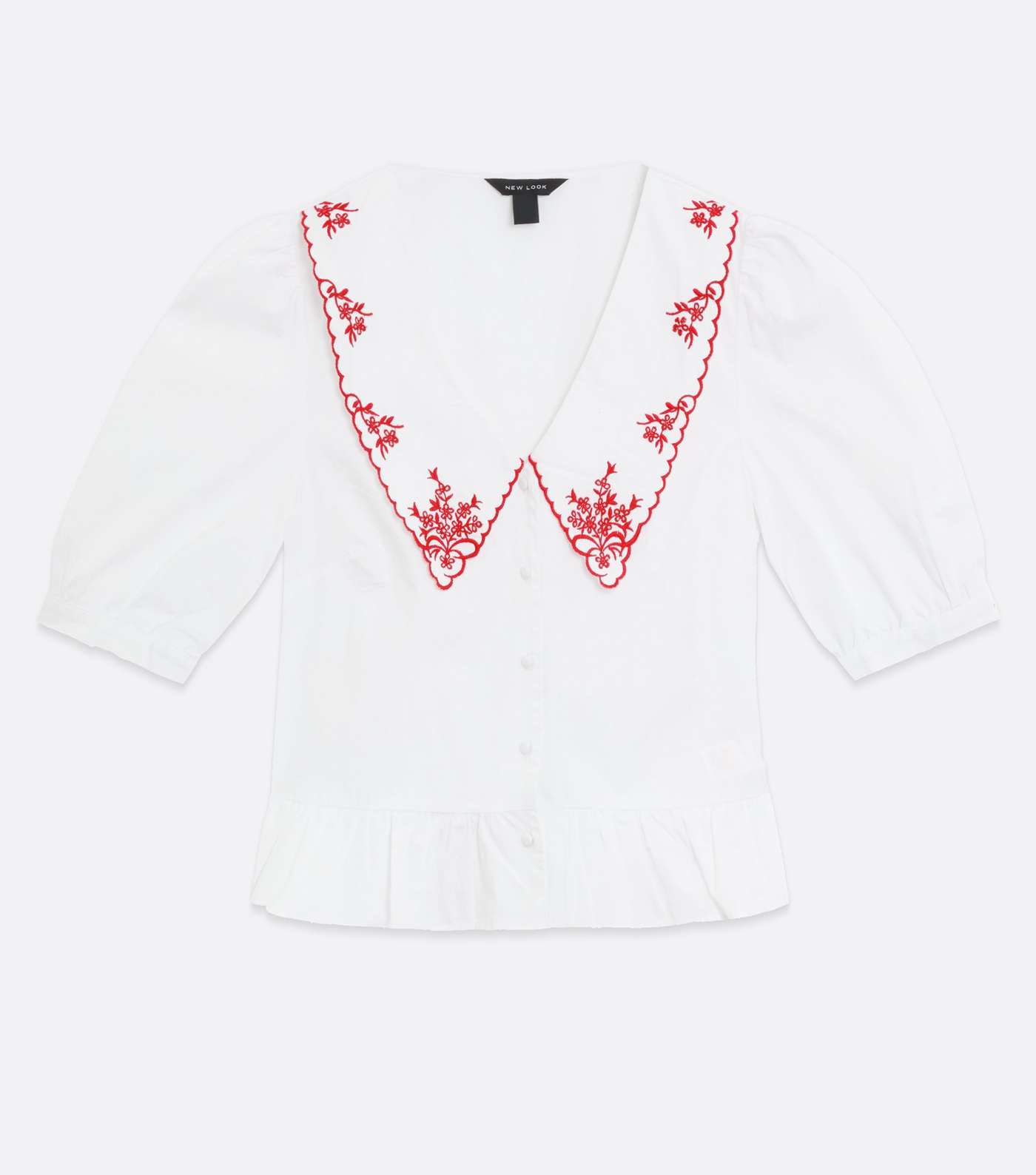 Off White Embroidered Collar Button Peplum Blouse Image 5