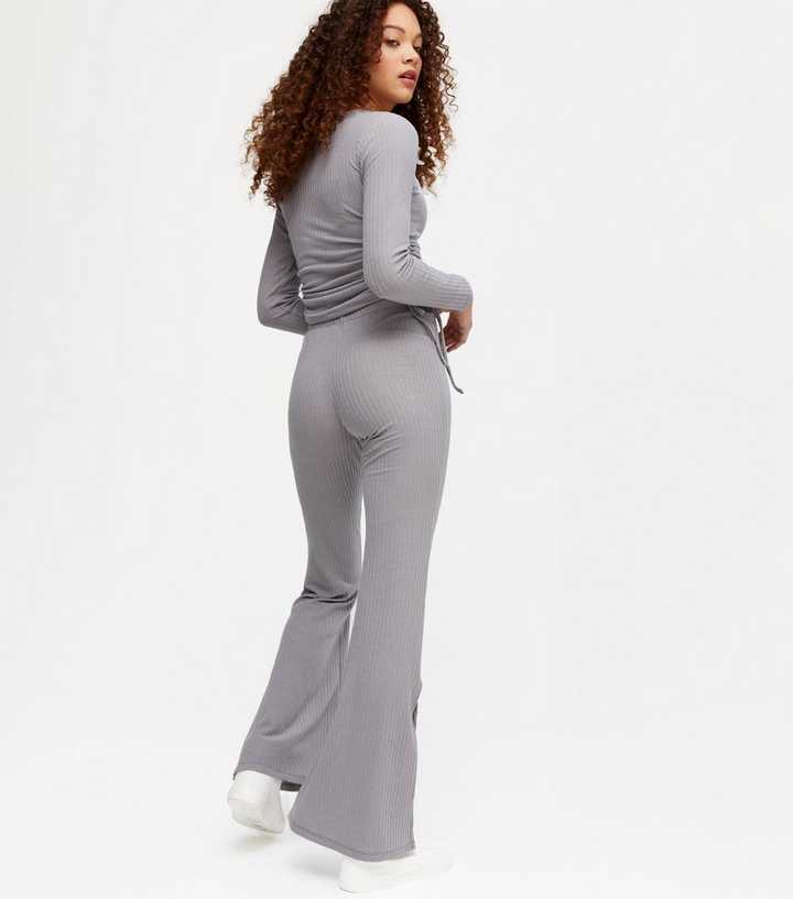 Petite Pale Grey Ruched Top and Flared Trouser Set