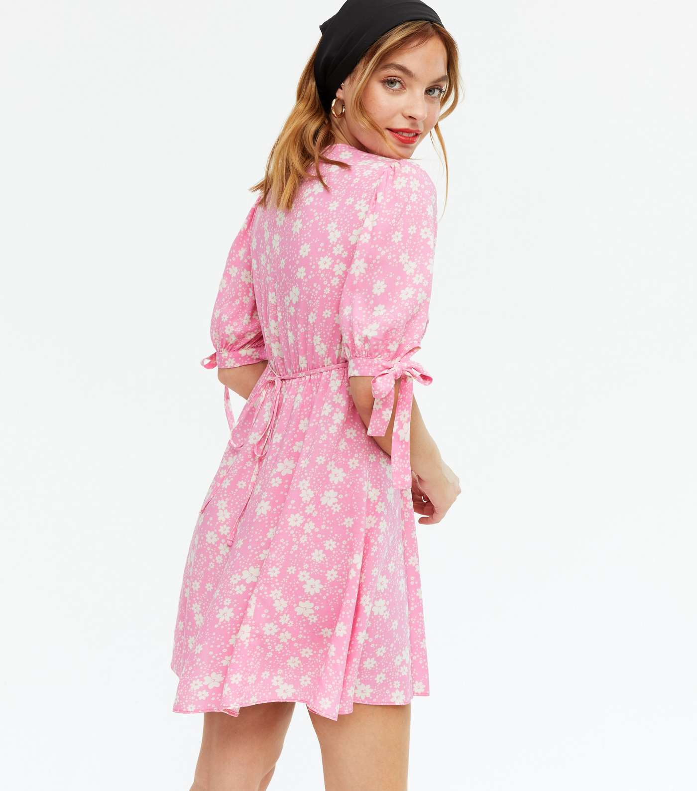Petite Pink Floral Tie Sleeve Mini Dress Image 4