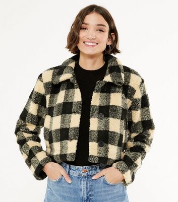 Wednesday's Girl Black Check Teddy Boxy Coat | New Look