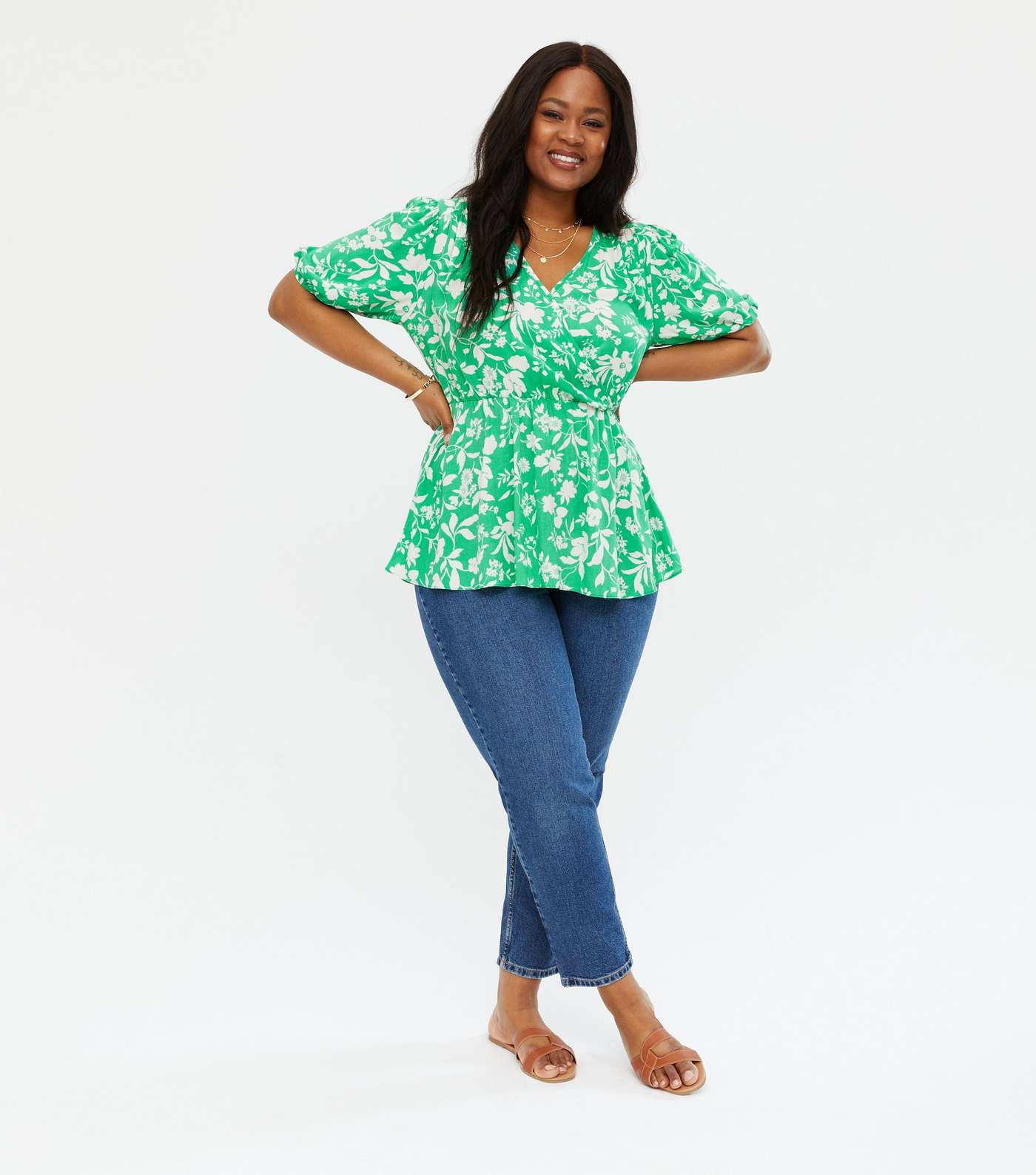 Curves Green Floral Peplum Blouse Image 2