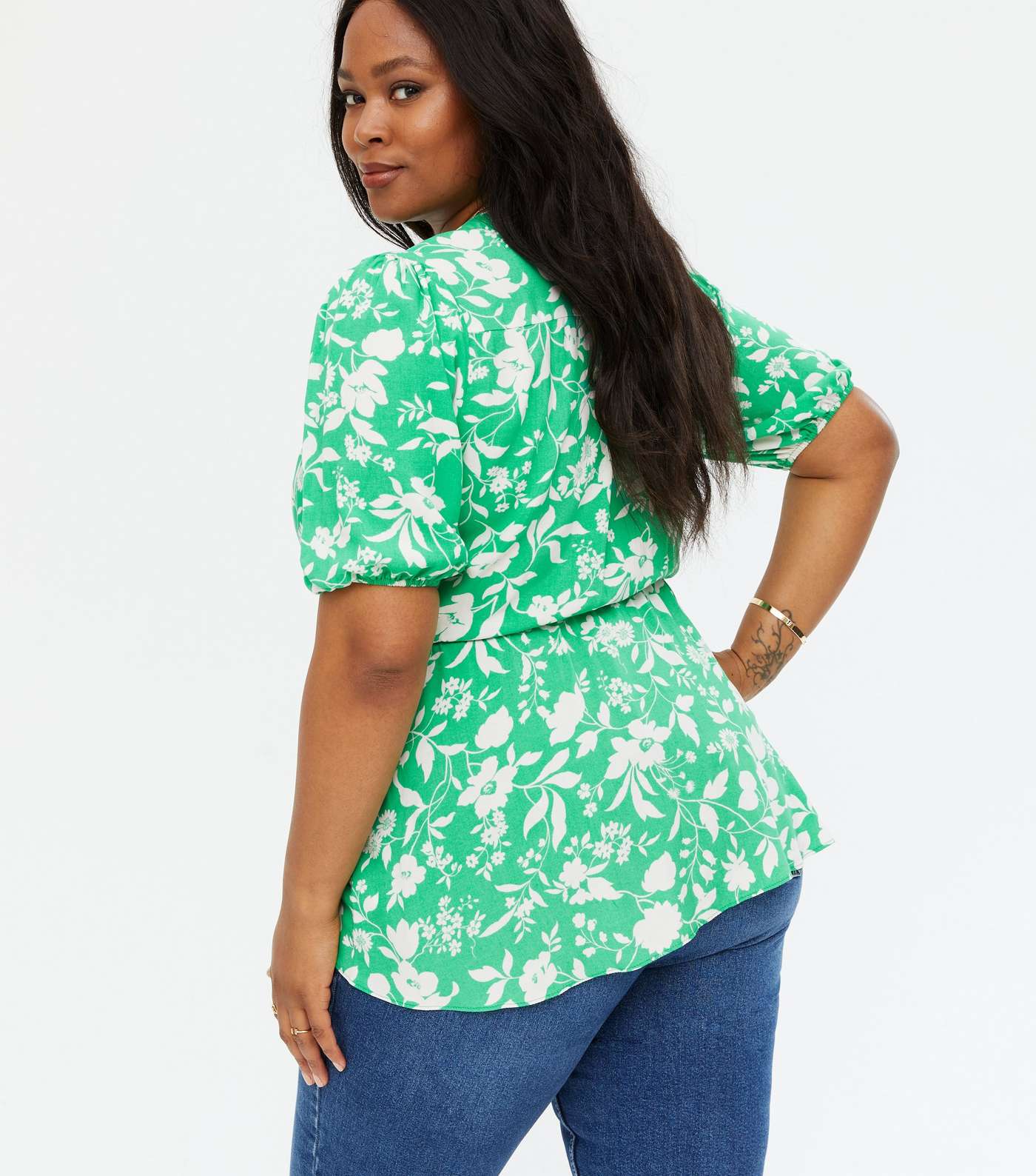 Curves Green Floral Peplum Blouse Image 4