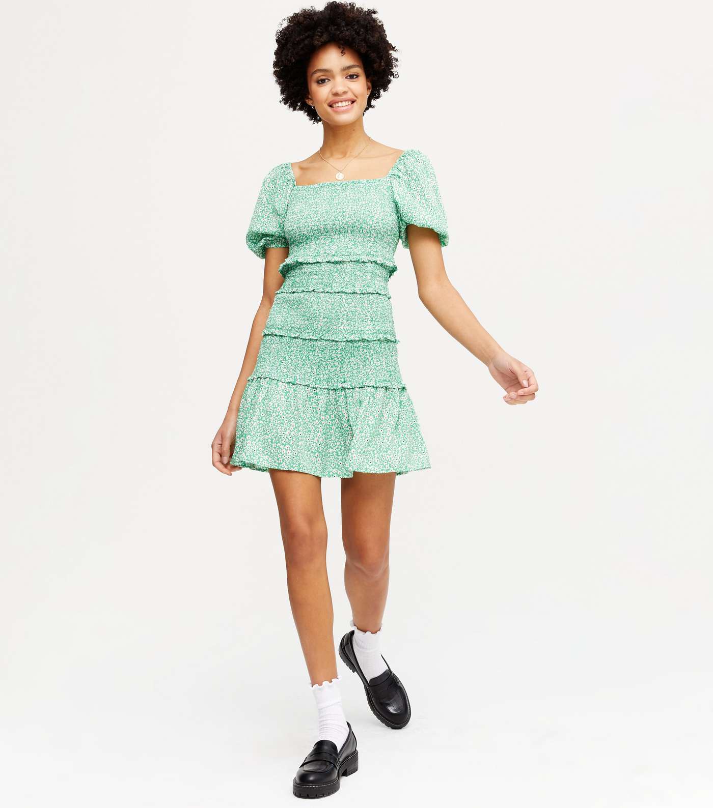 Influence Green Ditsy Floral Shirred Mini Dress Image 2