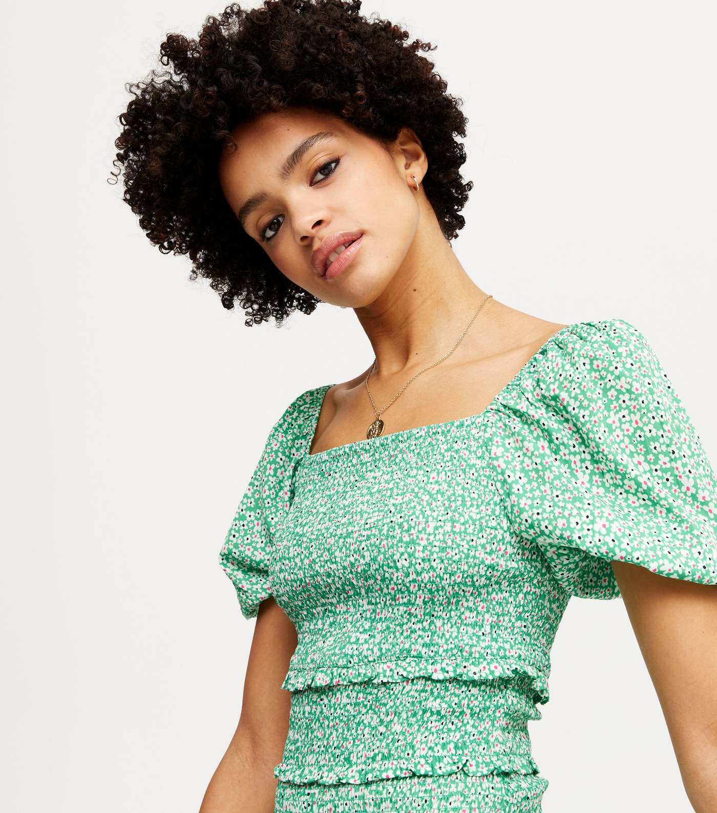 Influence Green Ditsy Floral Shirred Mini Dress Image 4