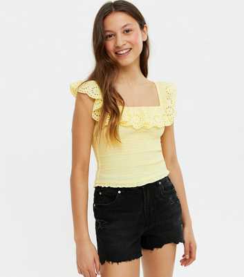Girls Yellow Shirred Broderie Trim Square Neck Top