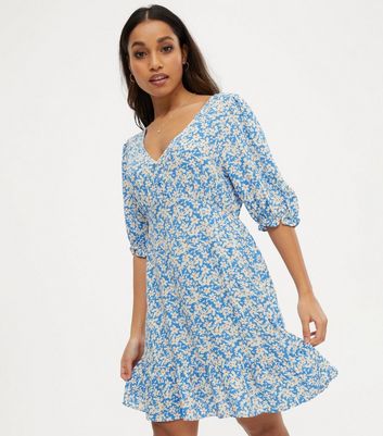 Petite Blue Floral Button Smock Dress | New Look