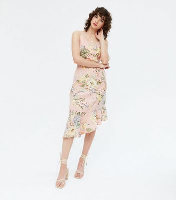 Pink floral asymmetric midi cheap dress