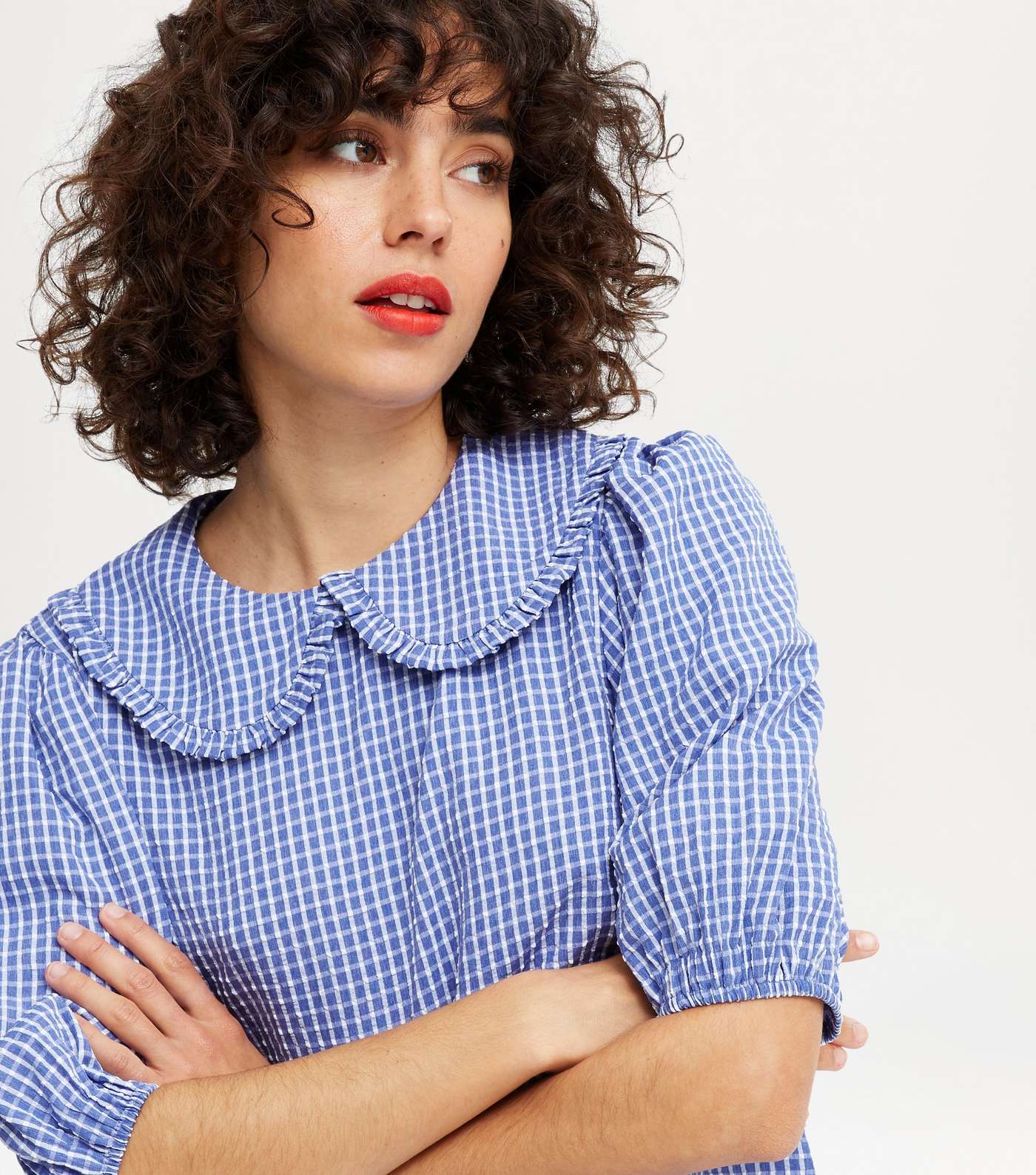 Blue Check Frill Collar Puff Sleeve Blouse Image 3