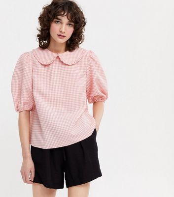 Pink Check Frill Collar Puff Sleeve Blouse New Look