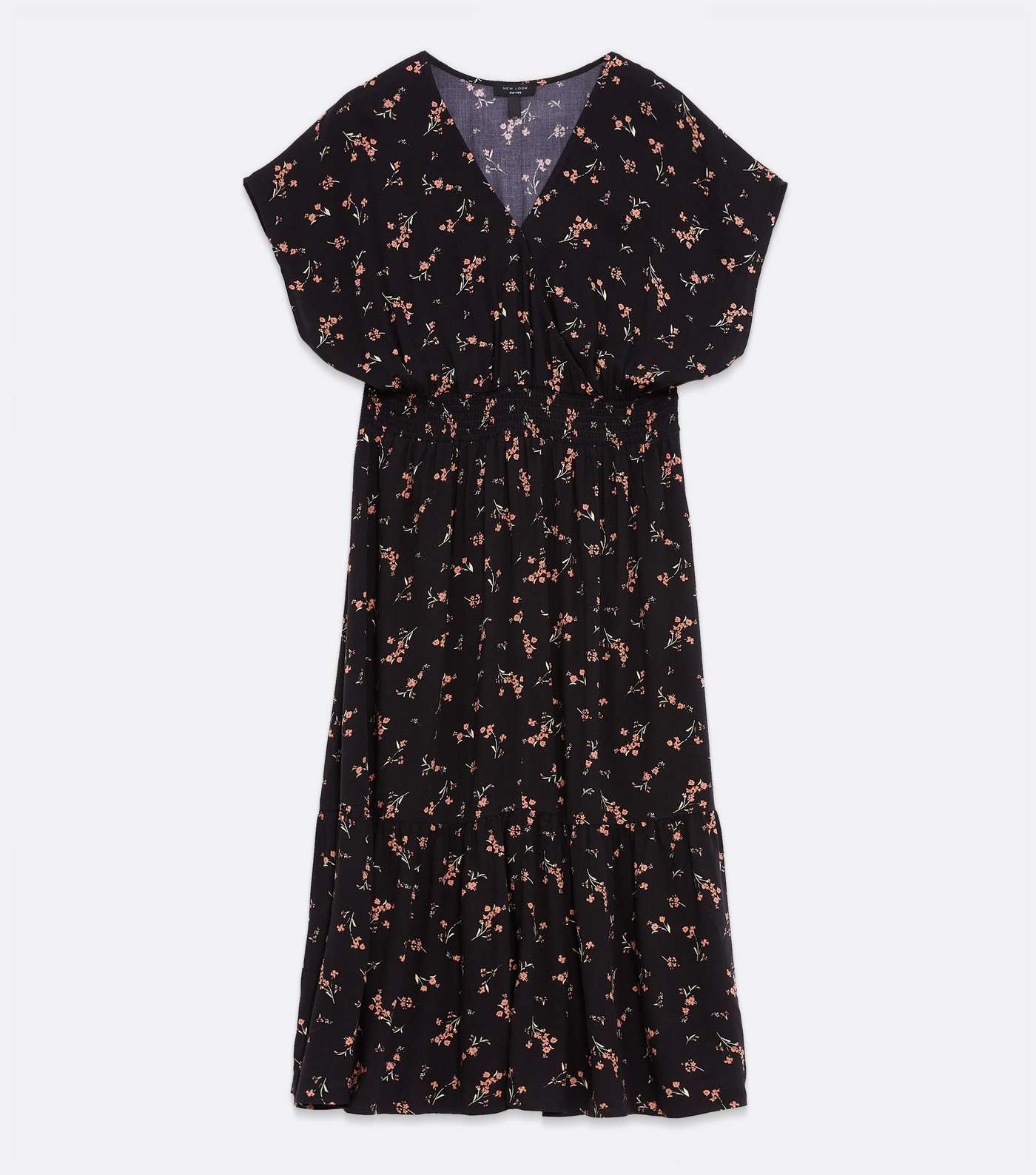 Curves Black Ditsy Floral Shirred Midi Dress Image 5