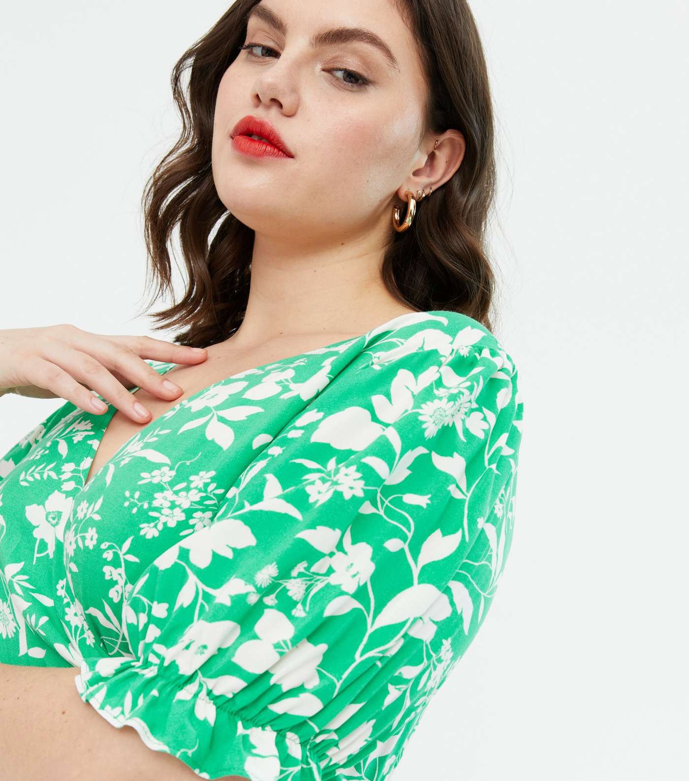 Curves Green Floral Puff Sleeve Wrap Midi Dress Image 3