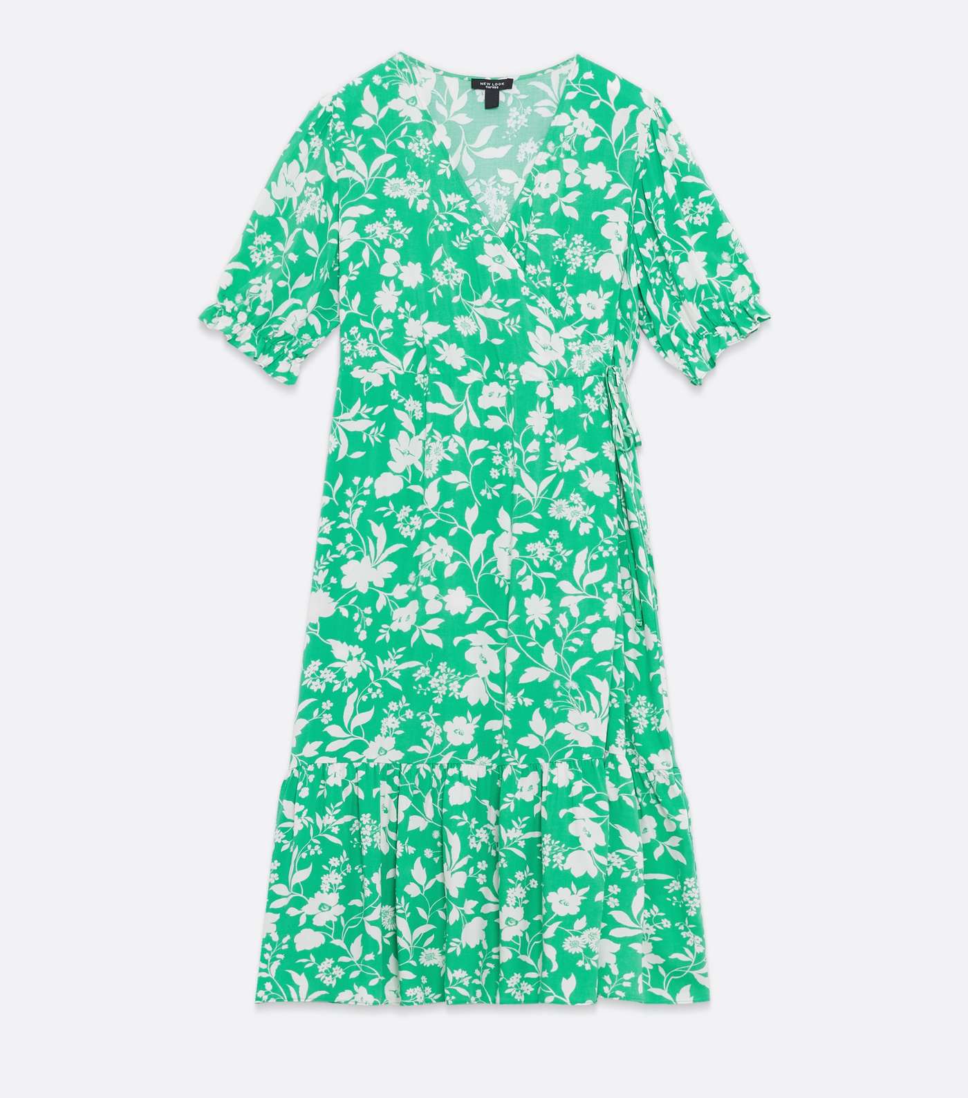 Curves Green Floral Puff Sleeve Wrap Midi Dress Image 5