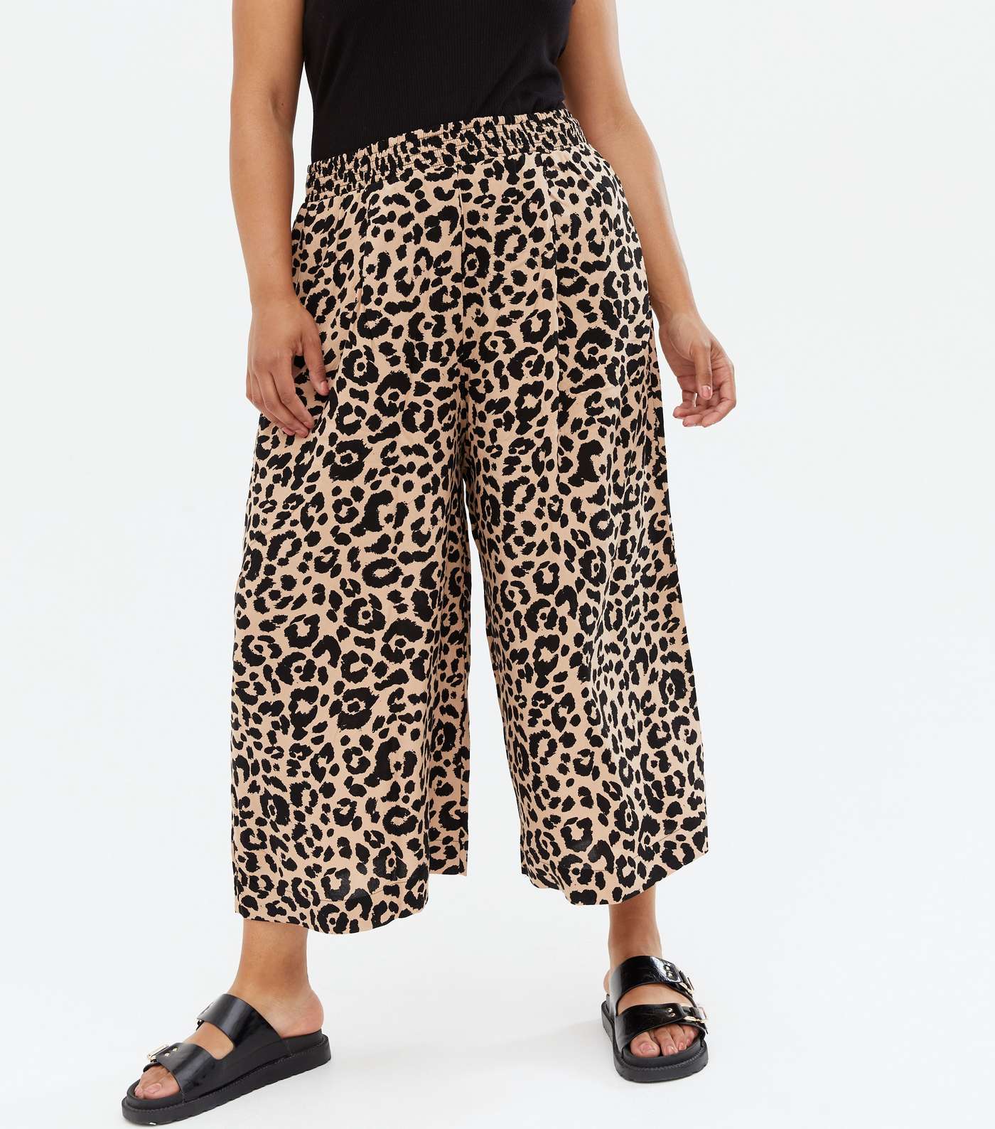 Curves Brown Leopard Print Wide Leg Crop Trousers Image 2
