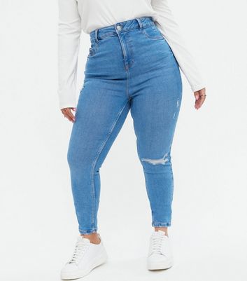 Curves Bright Blue Ripped High Waist Hallie Super Skinny Jeans