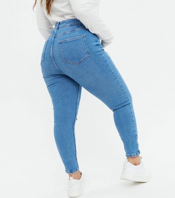 Curves Bright Blue High Waisted Ripped Skinny Jeans