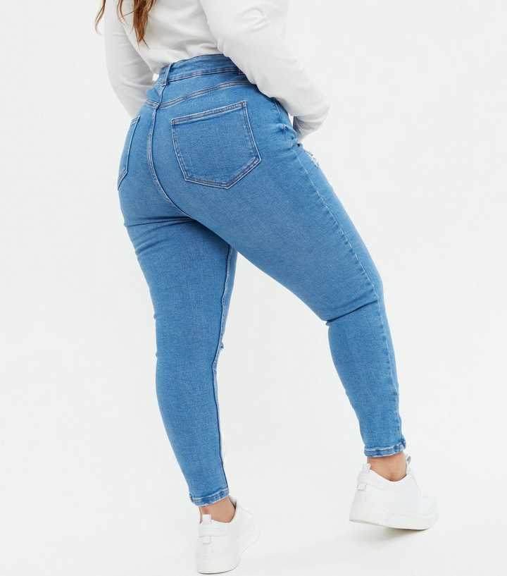 Curves Bright Blue Ripped High Waist Hallie Super Skinny Jeans