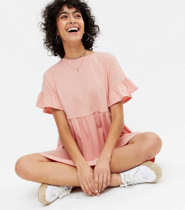 Coral Crew Neck Mini Oversized Smock Dress | New Look