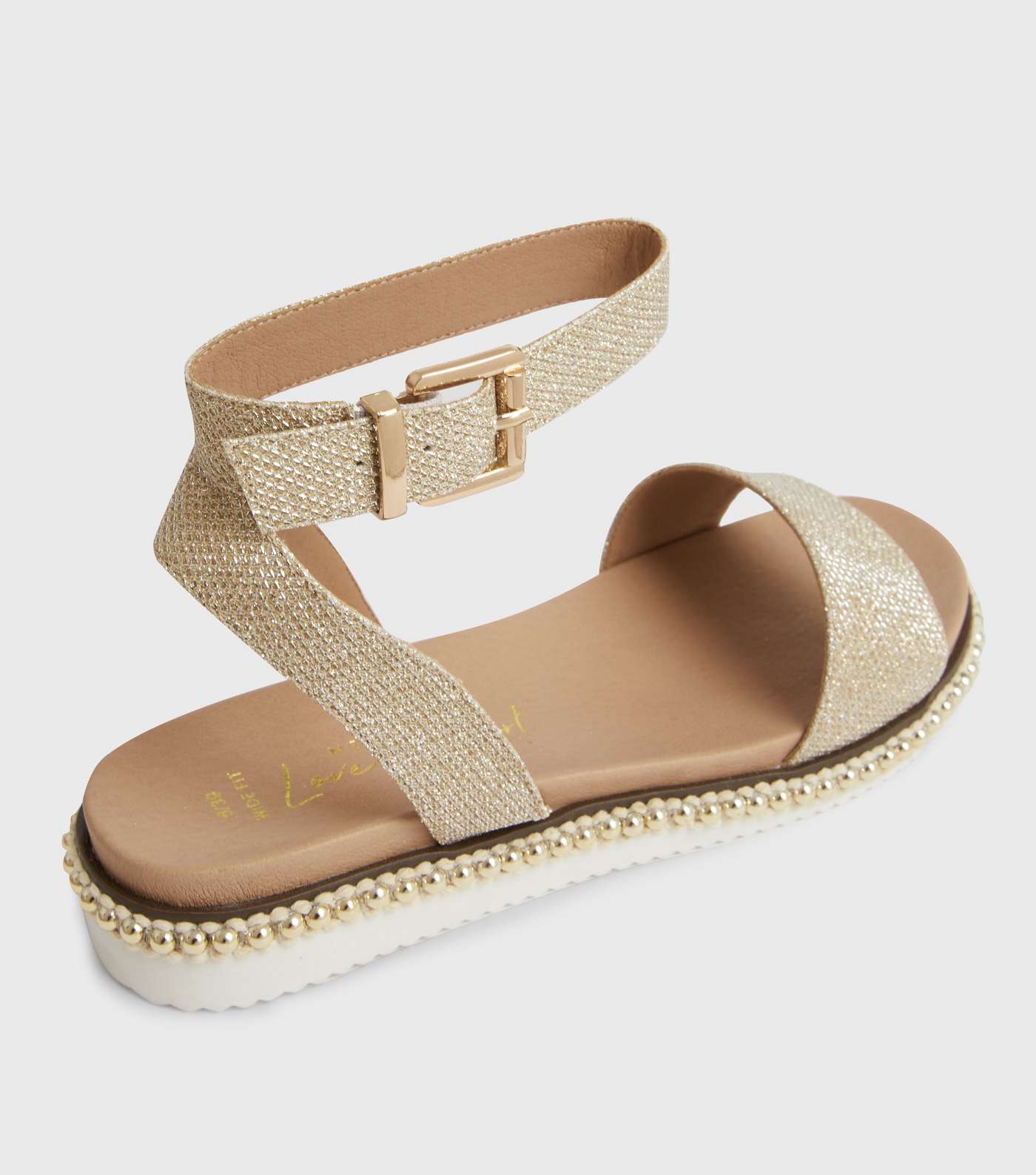 Wide Fit Gold Glitter Bead Trim Footbed Sandals Image 4