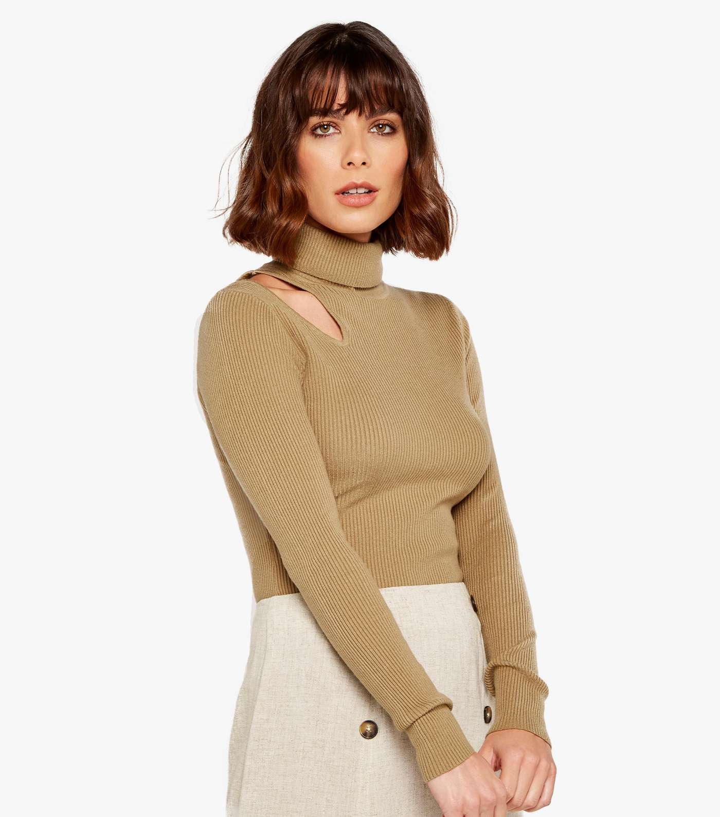 Apricot Stone Ribbed Cut Out Roll Neck Jumper