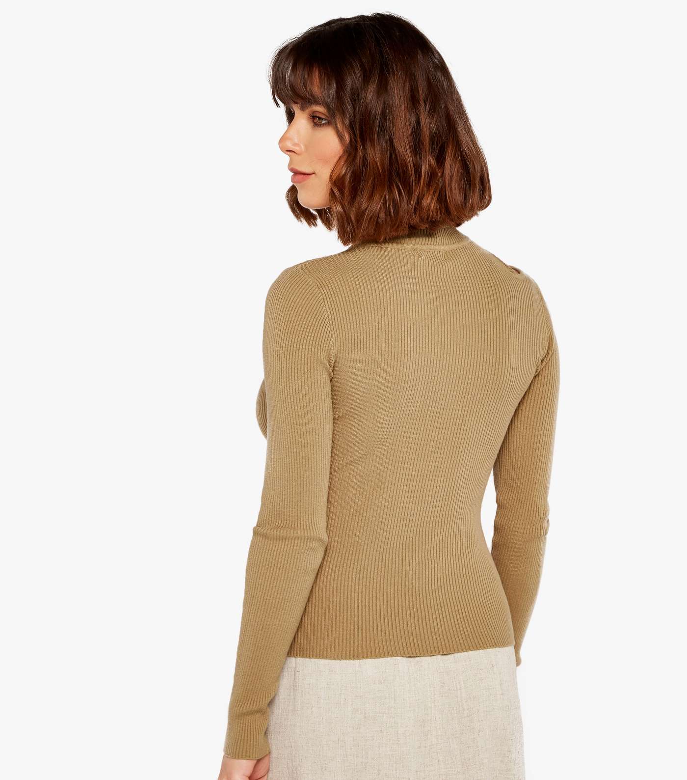 Apricot Stone Ribbed Cut Out Roll Neck Jumper Image 3