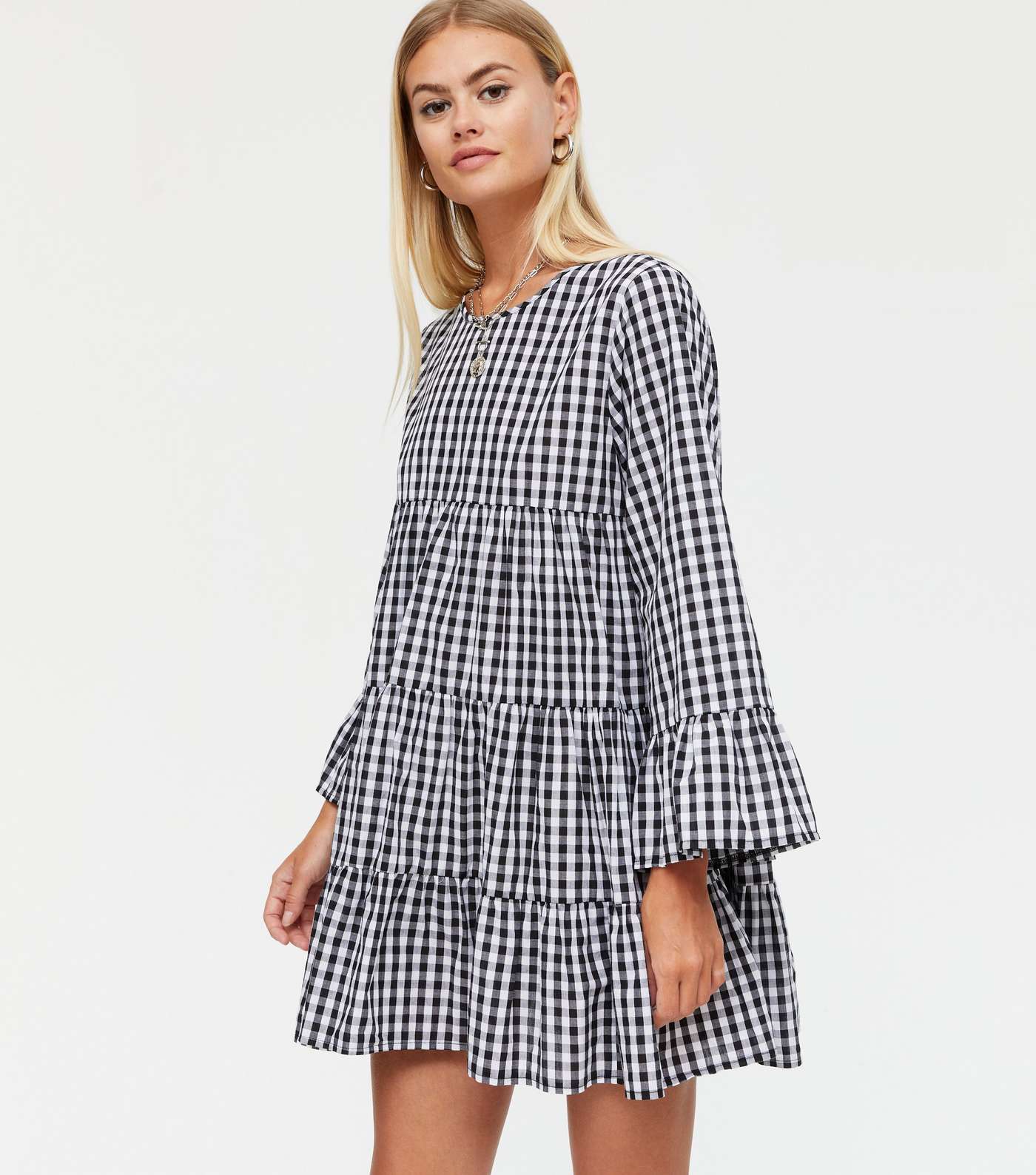 Cameo Rose White Gingham Tiered Smock Mini Dress 