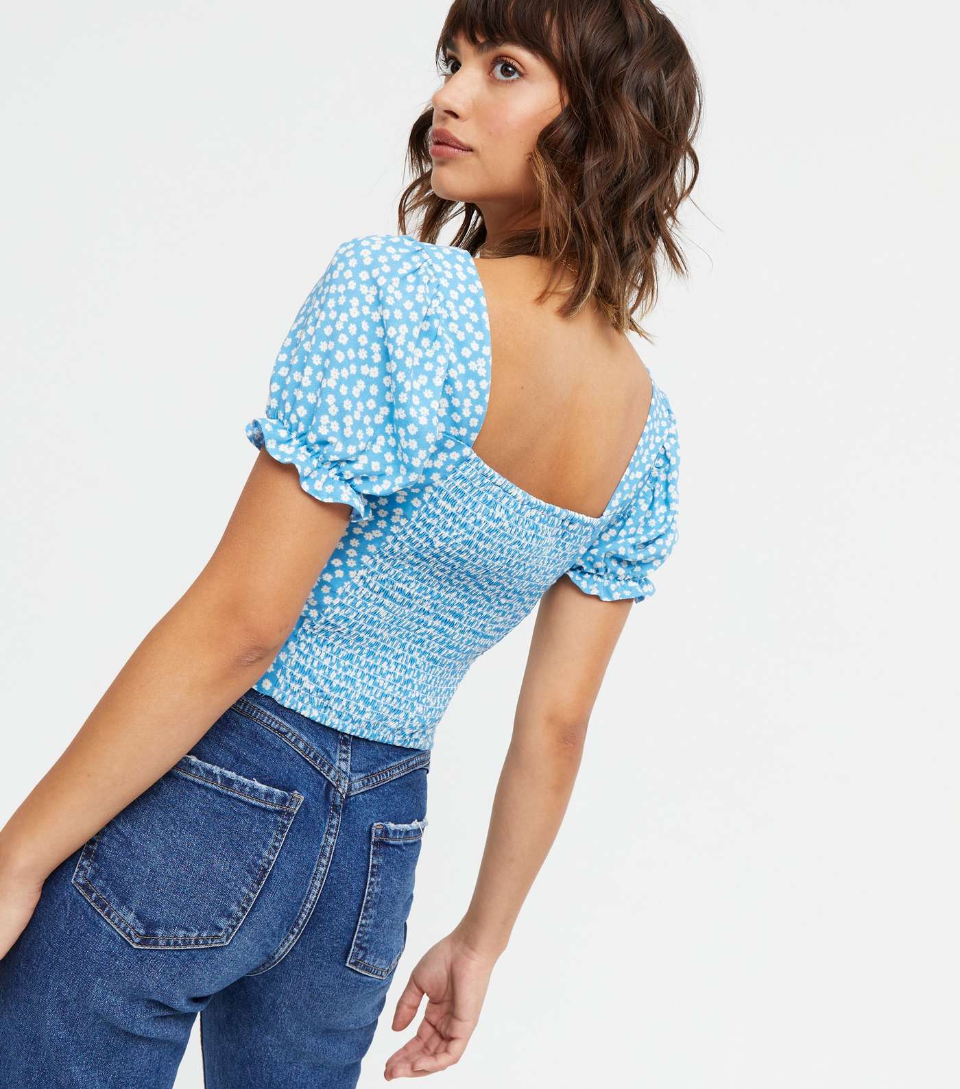 Blue Ditsy Floral Sweetheart Neck Tie Front Crop Top Image 4