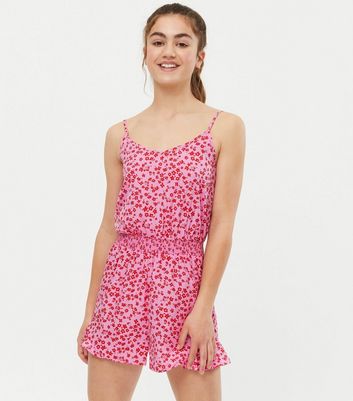 Girls Pink Ditsy Floral Shirred Waist Playsuit New Look