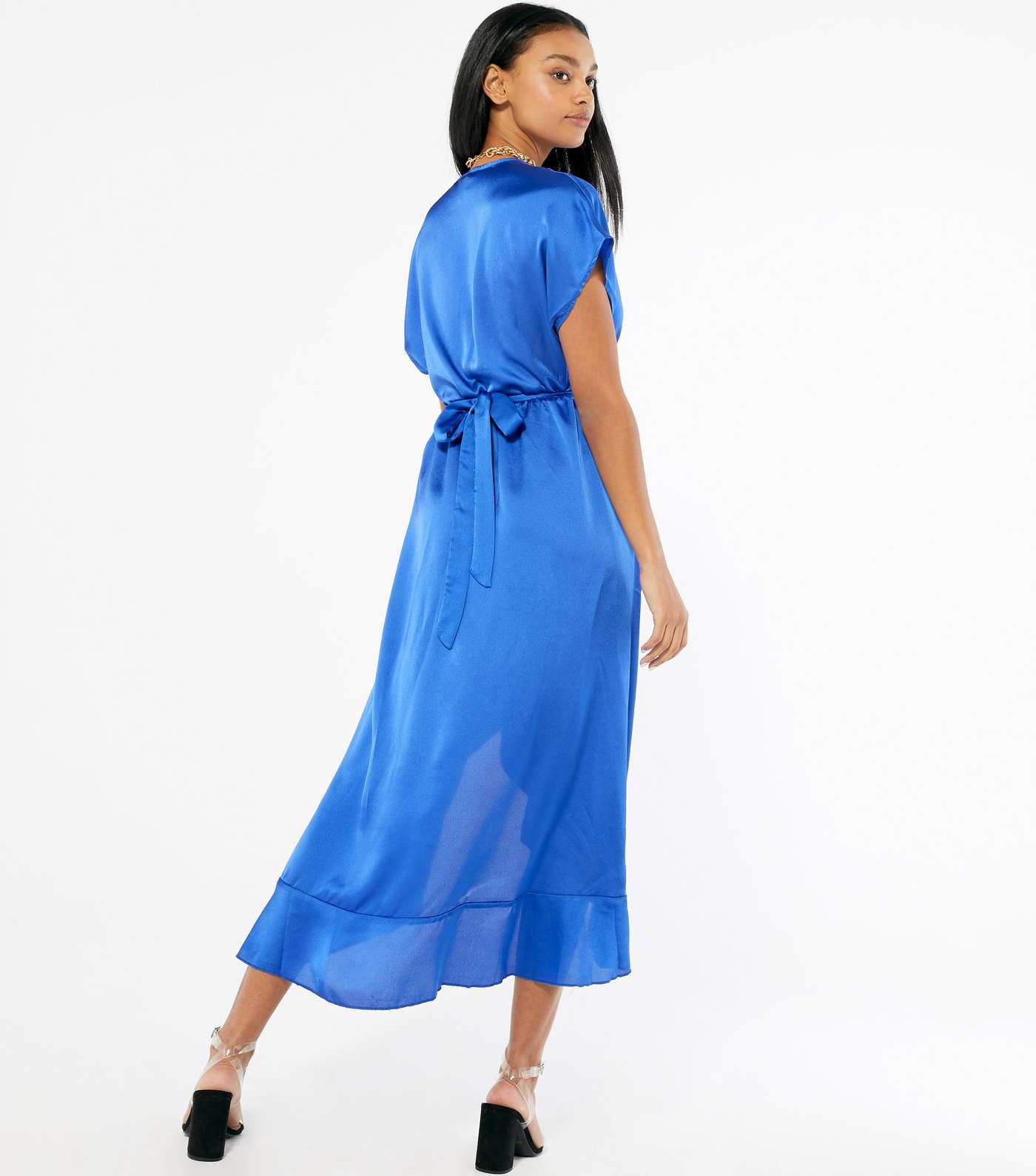 Blue Satin Belted Ruffle Wrap Midi Dress  Image 3