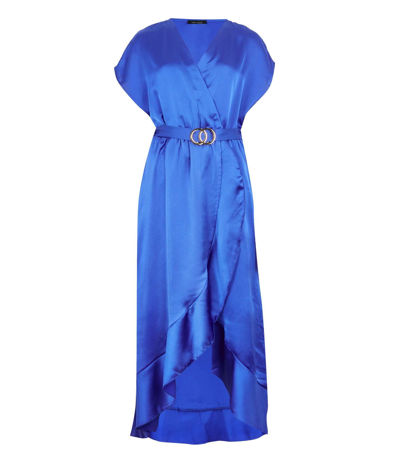 Blue Satin Belted Ruffle Wrap Midi Dress  Image 5