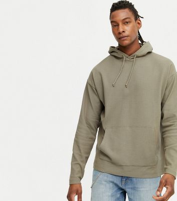 Olive Waffle Pocket Front Hoodie New Look