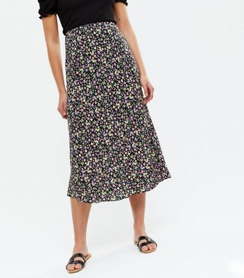 Black Ditsy Floral Midi Skirt