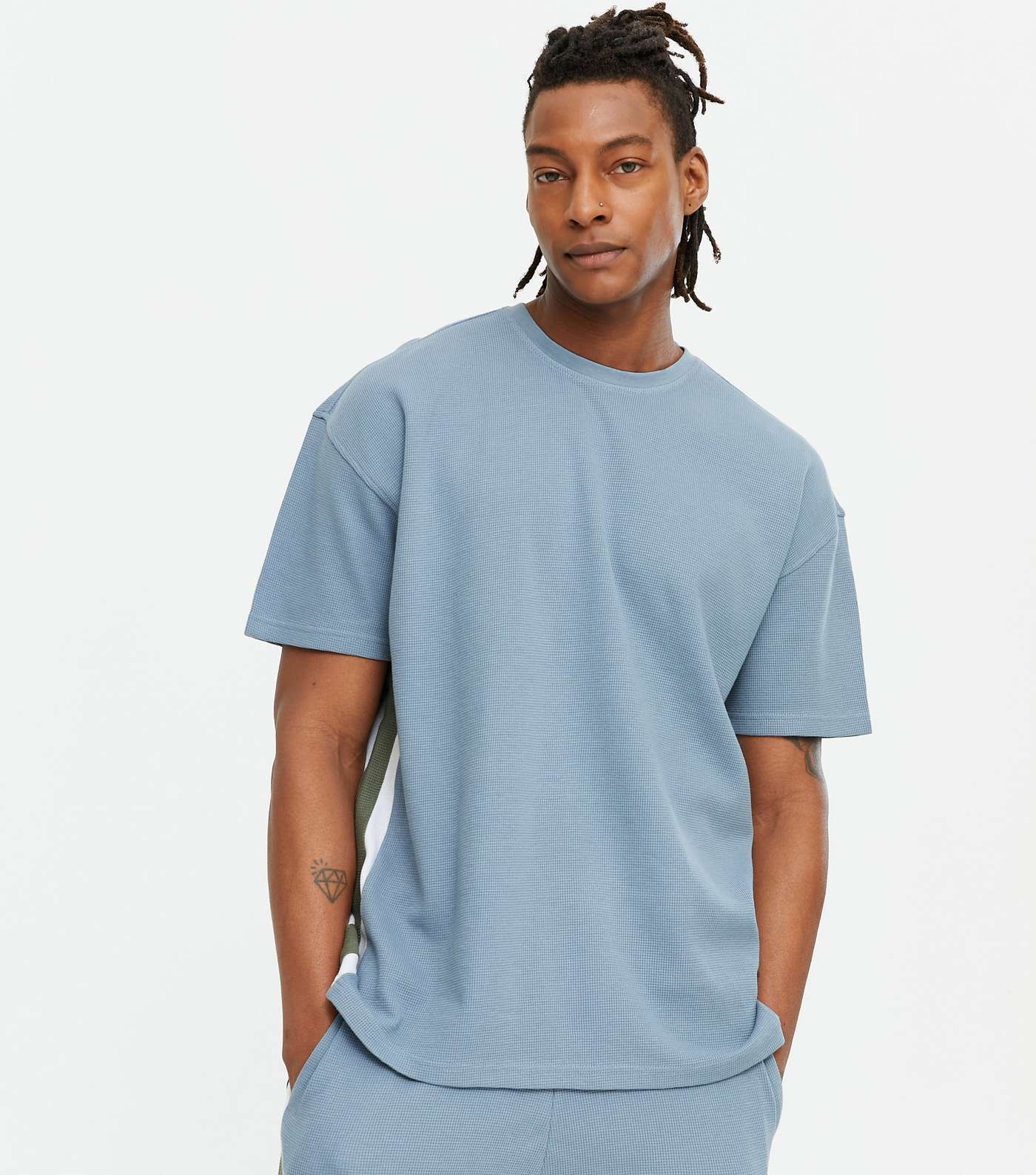 Pale Blue Waffle Knit Side Stripe T-Shirt