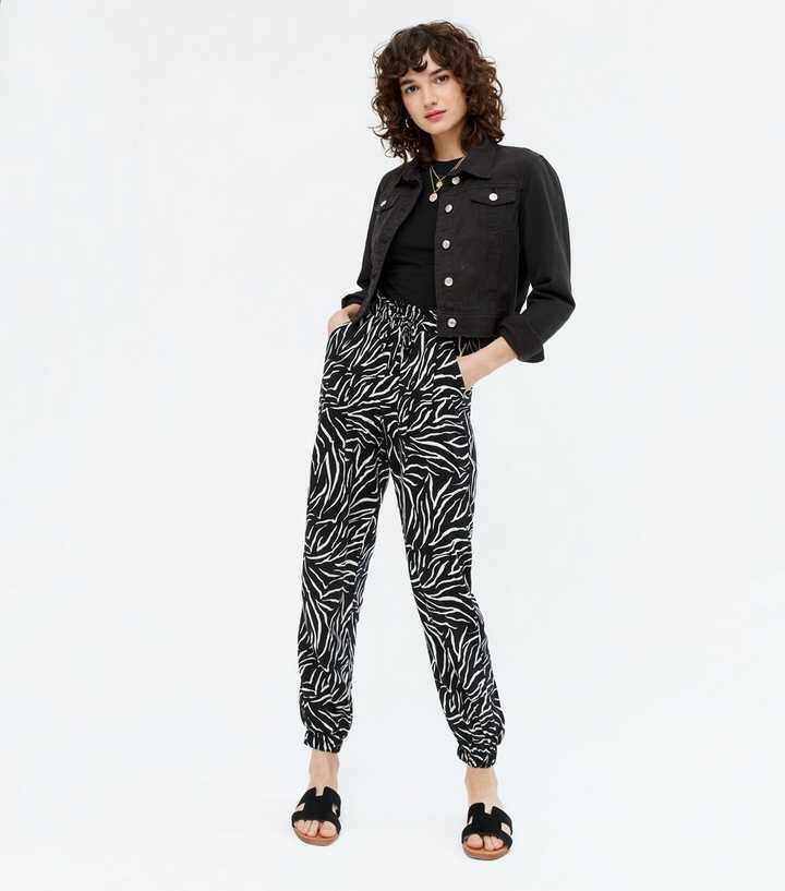 Black Zebra Print Tie Waist Cuffed Joggers