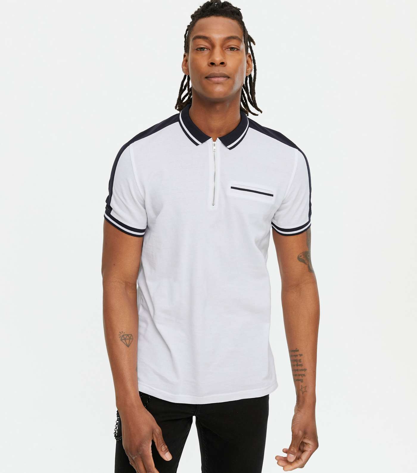 White Colour Block Zip Polo Shirt