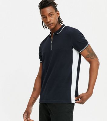 Navy Stripe Trim Zip Polo Shirt | New Look