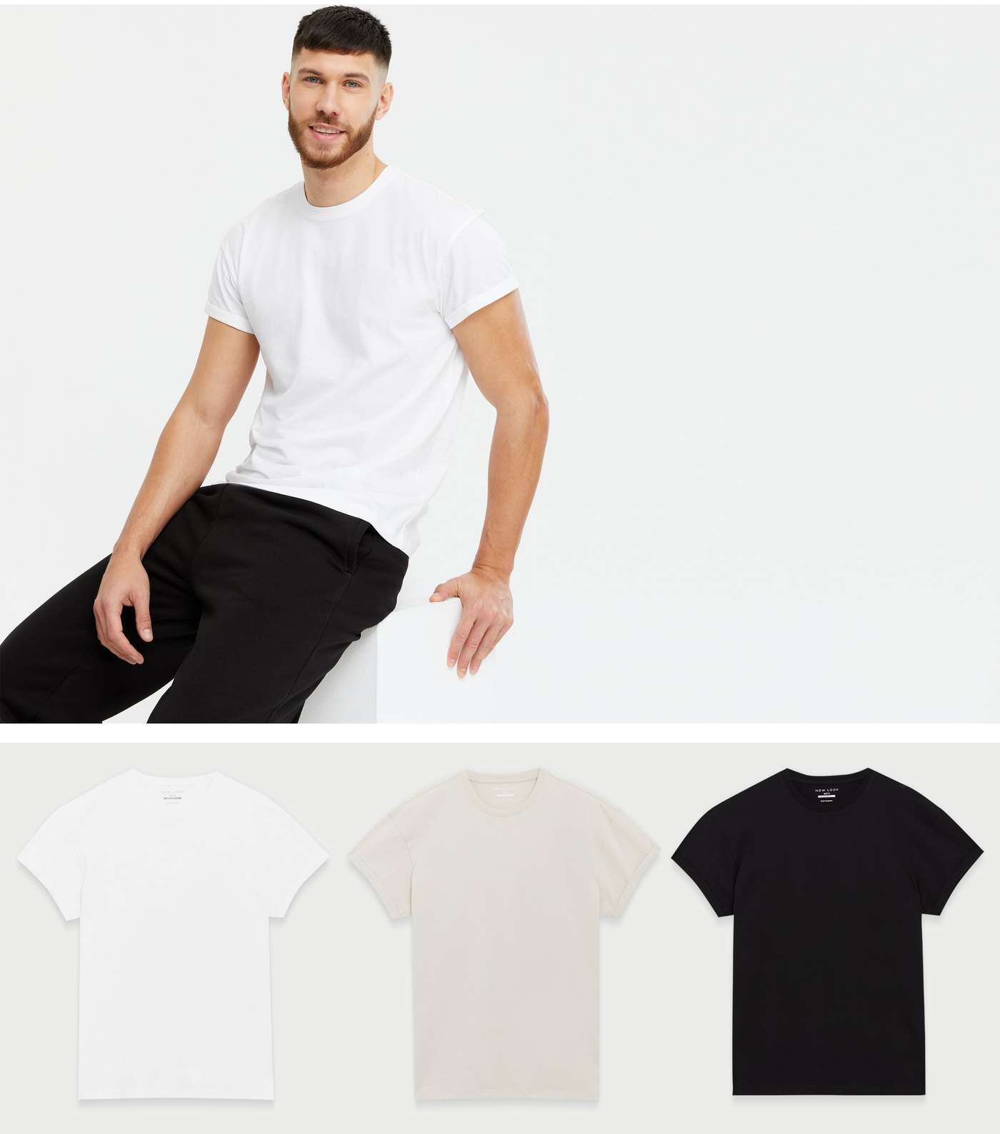 3 Pack Stone White and Black Roll Sleeve T-Shirts