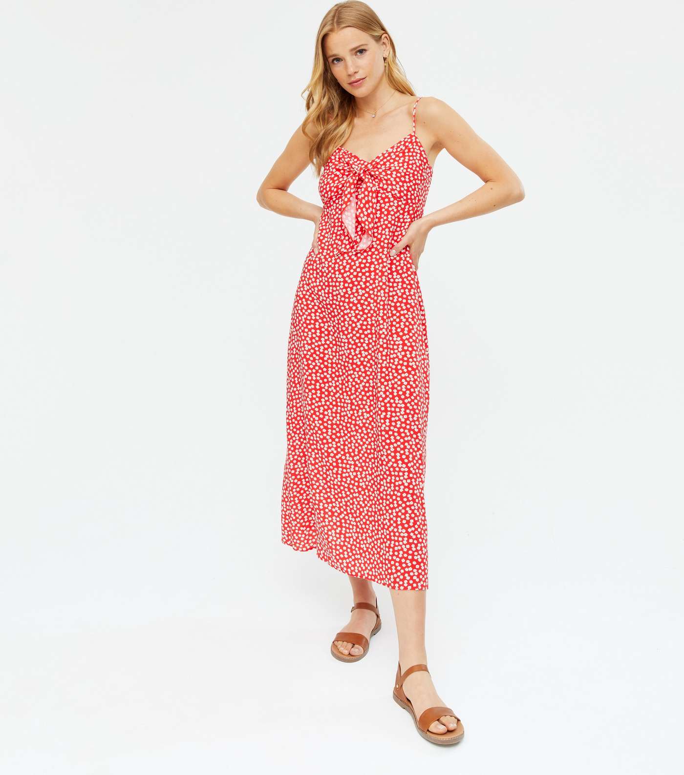 Red Ditsy Floral Tie Front Midi Slip Dress