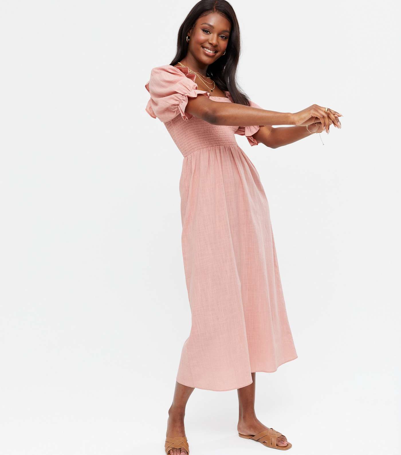 Mid Pink Textured Shirred Frill Puff Sleeve Midi Dress Image 2