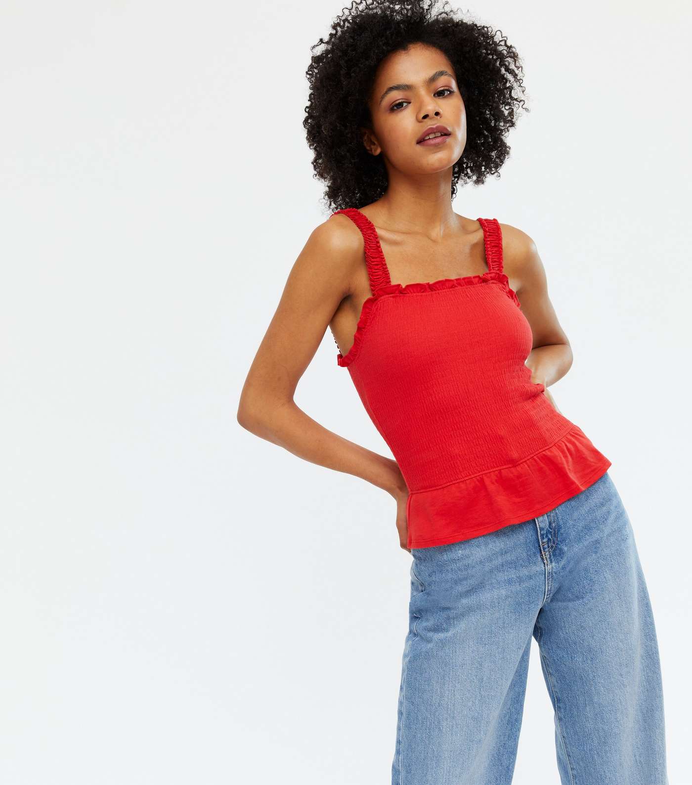 Red Shirred Frill Strappy Vest