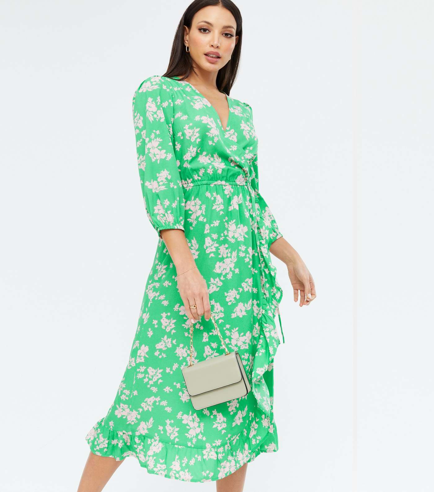 Tall Green Floral Ruffle Midi Wrap Dress Image 2