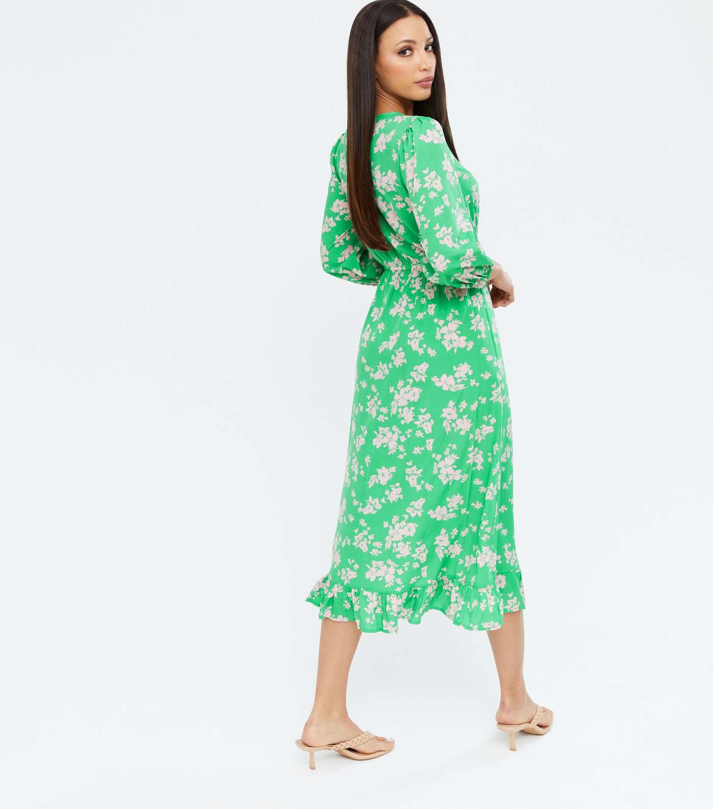 Tall Green Floral Ruffle Midi Wrap Dress Image 4