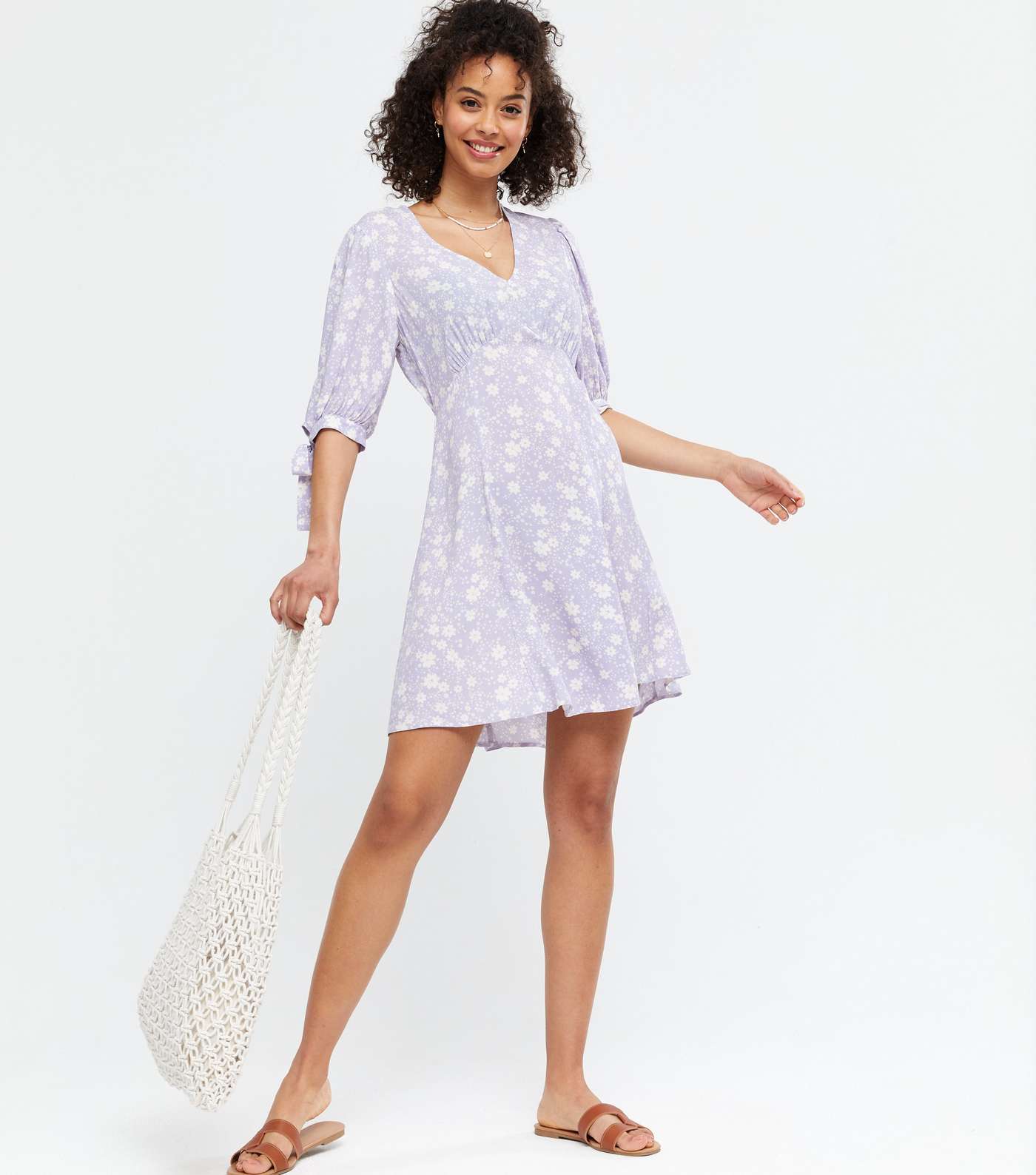 Tall Lilac Floral V Neck Tie Sleeve Mini Dress Image 2