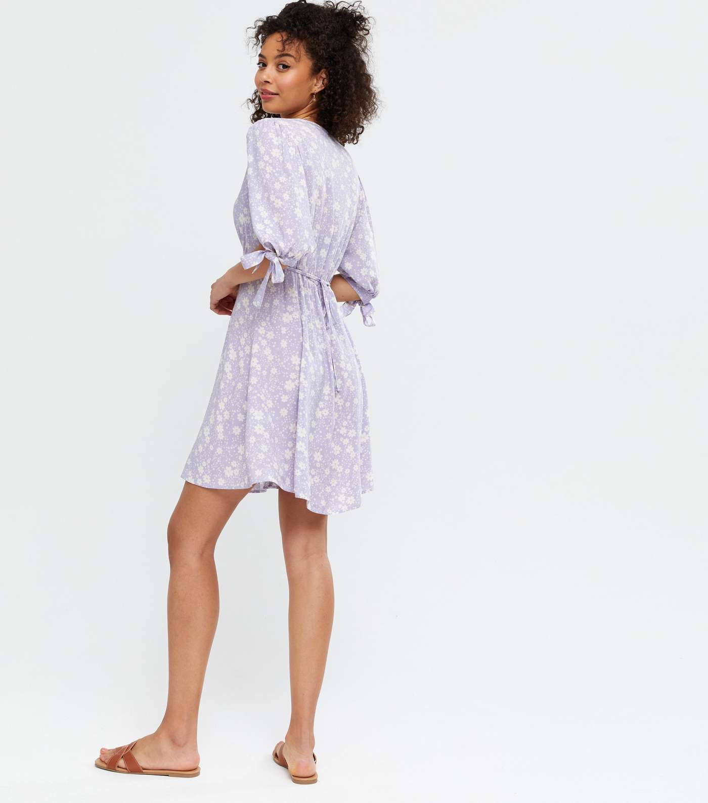 Tall Lilac Floral V Neck Tie Sleeve Mini Dress Image 4