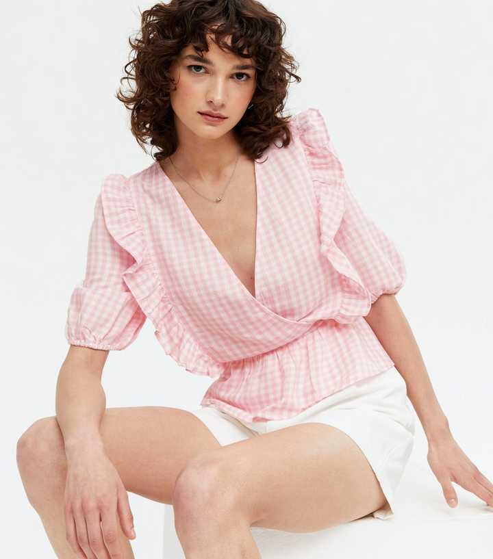 Pink Check Frill Wrap Peplum Blouse 