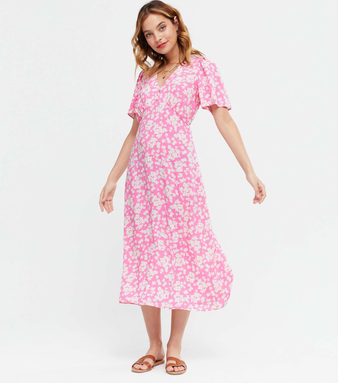 Petite Pink Floral Flutter Sleeve Midi Dress