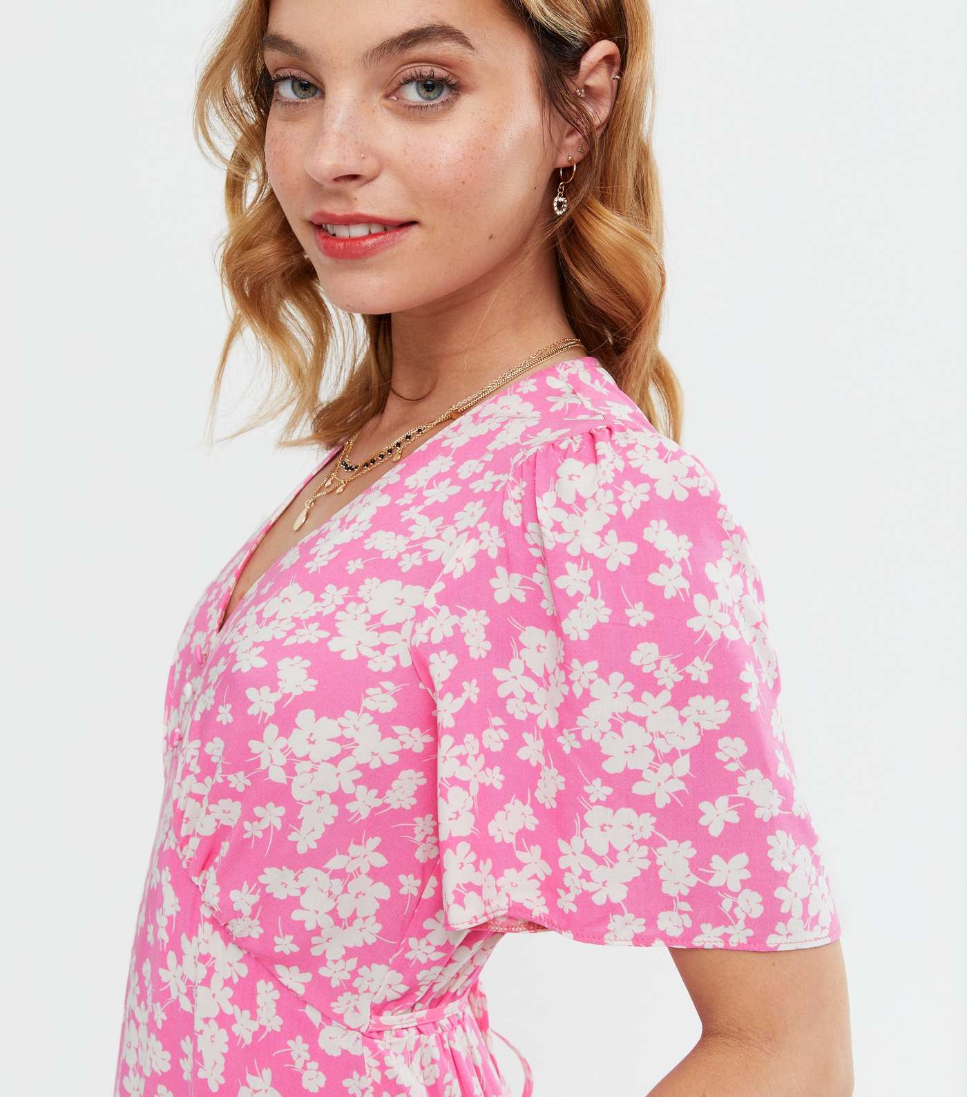 Petite Pink Floral Flutter Sleeve Midi Dress Image 3